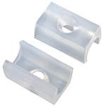 Das Bild zeigt einen trasnsparenten rutschfesten Klemmschalengleiter mit einer Montagebohrung, fotografiert von unten und von oben.