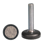 Die Abbildung zeigt eine Stellschraube mit einem Stahlgewindebolzen, der mit einem runden, schwarzen Kunststofffuß umspritzt ist, an dem ein Filzgleiter angeschweißt ist.