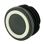 Das Bild zeigt einen runden Möbelgleiter mit sehr guter Stoppfunktion durch den Einsatz eines weißen TPE-Ringes.