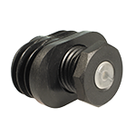 Das Bild zeigt einen schwarzen Justierstopfen, bestehend aus einer Gewindehülse und einer Kunststoffschraube mit PUR-Gleitschutzeinsatz.