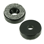 Dargestellt ist eine schwarze Gleitscheibe mit einer Montagebohrung und einer grauen Filzgleitfläche.