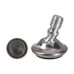 Das Bild zeigt einen Gelenkgleiter mit Stahlkugelbolzen und einer nickelfarbenen Metallabdeckung über dem schwarzen PE-Fuß.