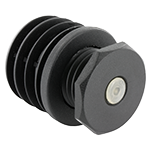 Das Bild zeigt einen schwarzen Justierfuß, bestehend aus einer Gewindehülse und einer Kunststoffschraube mit PUR-Gleitschutzeinlage.