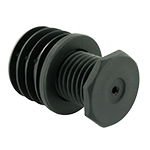 Die Abbildung zeigt einen schwarzen Justierstopfen aus Kunststoff, bestehend aus Gewindehülse und Schraube.