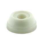 Die Abbildung zeigt einen runden, weißen, konisch zulaufenden Möbelgleiter mit einer Montagebohrung.