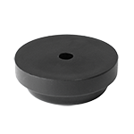 Das Bild zeigt einen runden schwarzen Möbelfuß mit einer Montagebohrung zur Aufnahme eines Nagels oder Schraube.