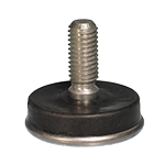 Abgebildet ist eine Stellschraube mit einem Kunststofffuß aus PE und einer nickelfarbener Metallgleitfläche. Der Gewindebolzen ist aus Stahl.