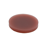 Das Bild zeigt ein ,von schräg oben fotografiertes, rotbraunes, selbstklebendes und rundes PUR-Haftplättchen.