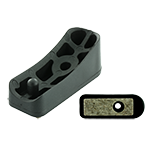 Das Bild zeigt einen schwarzen Schalengleiter mit einem Zapfen und einer Befestigungsbohrung. Zusätzlich hat der Gleiter eine aufgeklebte graue Filzgleitfläche.