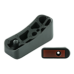 Die Abbildung zeigt einen Schalengleiter mit einer fest verklebten rot braunen Anti.Rutsch Einlage. Der Gleiter hat einen Fixierungszapfen und eine Montagebohrung.