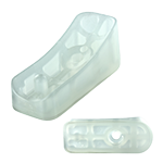 Im Bild ist ein transparenter Schalengleiter mit Befestigungszapfen und einer Befestigungsbohrung in zwei Ansichten, schräg von forne und von unten, abgebildet.