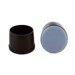 Das Bild zeigt einen aus schwarzenm Gummi erstellten Möbelgleiter für Rundrohre mit einer fest verbundenen grauen PTFE-Gleitfläche.