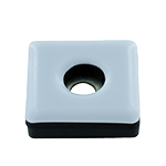 Die Abbildung zeigt einen quadratischen Universalgleiter mit grauer PTFE-Gleitfläche, der mit einer Schraube oder einem Nagel befestigt werden kann.