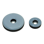 Das Bild zeigt einen runden Universalgleiter mit einer Montagebohrung. Er besteht aus schwarzem Gummi mit einer grauen PTFE-Gleitfläche.