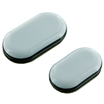 Gezeigt wird ein selbstklebender Universalgleiter mit ovaler Grundfläche aus schwarzem Gummi und einer Gleitoberfläche aus grauem PTFE.