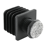 Das Bild zeigt einen schwarzen Justierstopfen, bestehend aus einer Gewindehülse und einer Kunststoffschraube mit aufgeschweißtergrauer Filzgleitfläche.