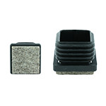 Das Bild zeigt einen schwarzen quadratischen Möbelgleiter mit Lamellen und einer aufgeschweißten graumelierten Filzgleitfläche.