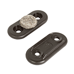 Mit Hilfe von zwei Perspektiven wird ein schwarzer, flacher Schalengleiter aus Polyamid dargestellt, der mit einer Gleitfläche aus grauem Filz und zwei Befestigungsbohrungen versehen ist.