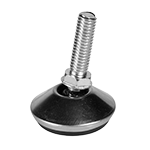 Die Abbildung zeigt eine Stellschraube mit Stahlbolzen und Kunststoffkugel und einer Fußabdeckung aus Edelstahl.