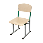 Abgebildet ist ein C-Stuhl mit Holzsitz- und Rückenfläche. Die Beine sind aus Metallrohren gefertigt