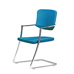 A cantilever chair made from flat profile tubes and fitted with a blue seat and backrest.