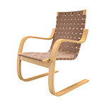 Das Bild zeigt einen Freischwinger aus Holz mit einer braunen Sitzfläche aus Textilgeflecht.