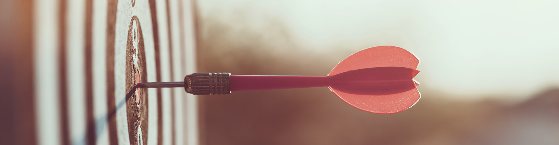 Nahaufnahme eines roten Pfeils, der die Mitte einer Dartscheibe vor einem Sonnenuntergangshintergrund trifft.