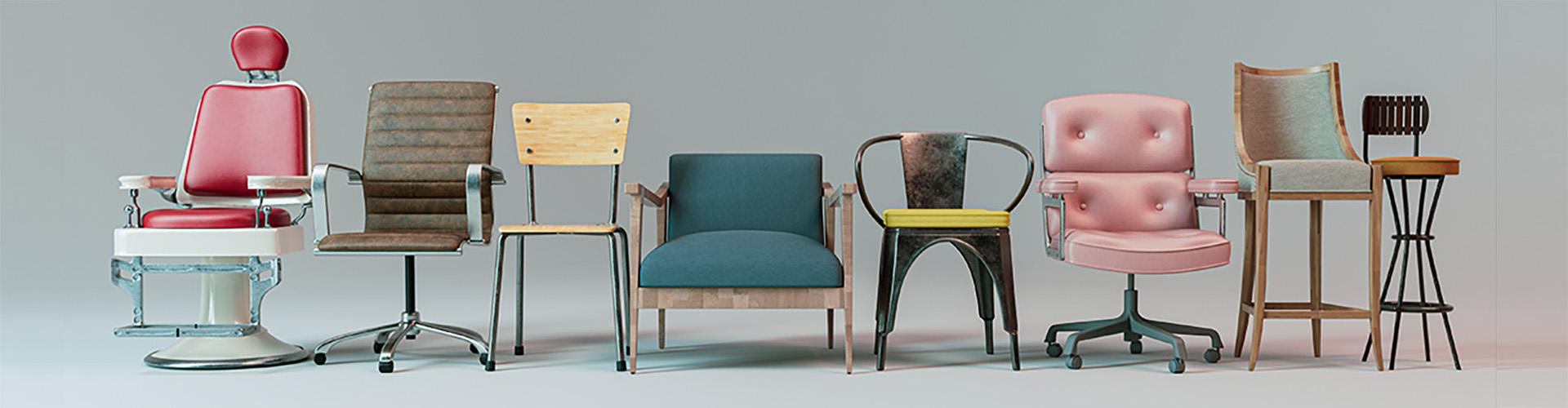 Eine Auswahl an farblich und gestalterisch unterschiedlichen Stühlen, die in einer Reihe nebeneinande stehen. Der Hintergrund ist in einem dezenten Grau gehalten.