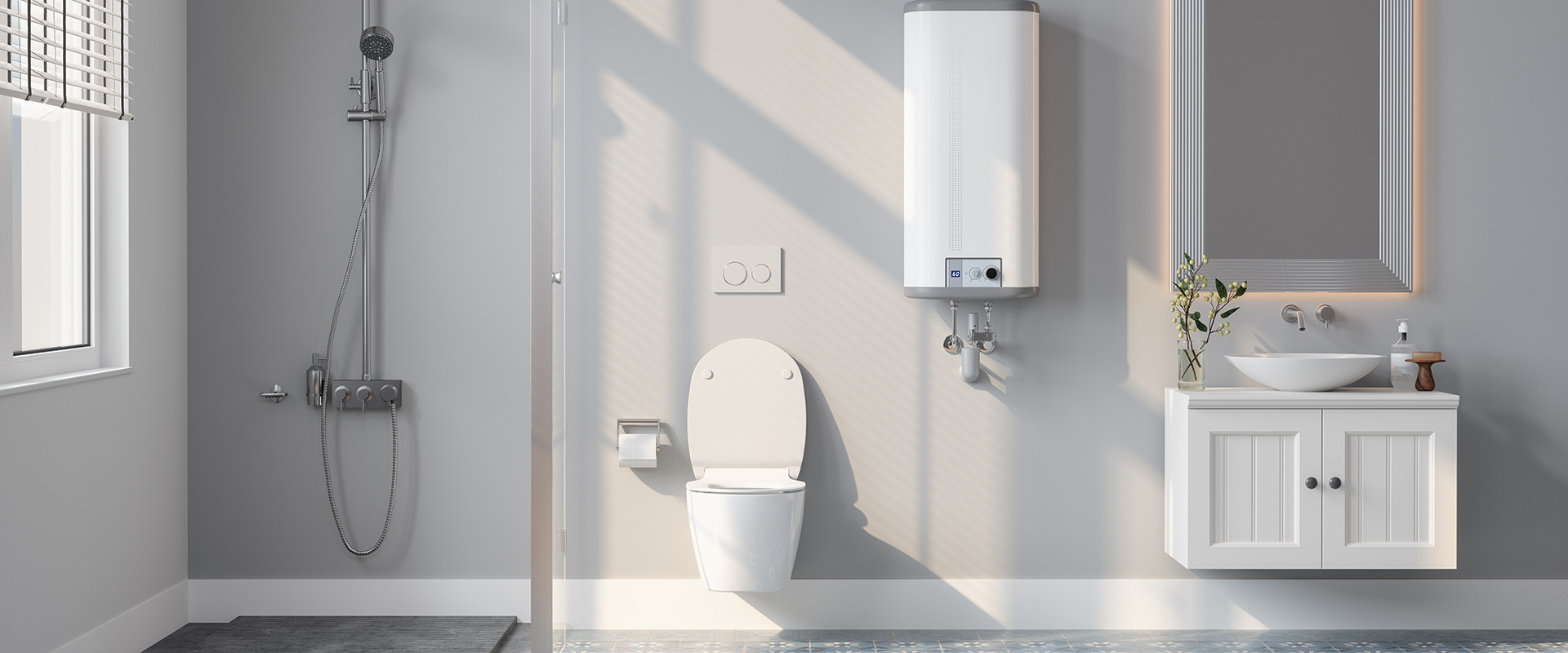 Moderne Badezimmereinrichtung mit Warmwasserbereiter, Dusche, Toilette und Spiegel