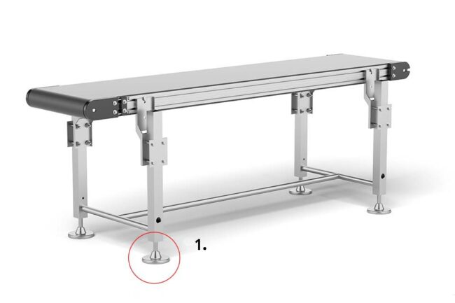 An empty conveyor belt showing an example of how b-plastic machine feet are used
