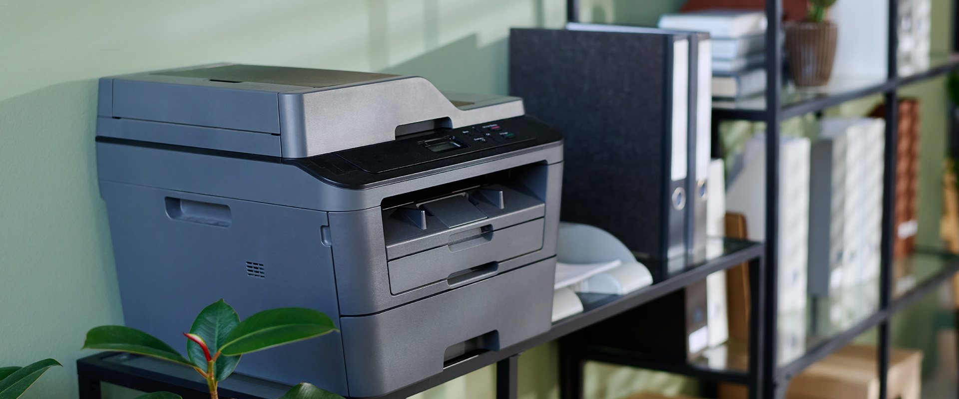 Ein Multifunktionsdrucker steht auf einem Regal im Büro, umgeben von einer Grünpflanze, Büromaterial sowie Regalen mit Kartons und Ordnern, wodurch ein aufgeräumter Arbeitsplatz entsteht