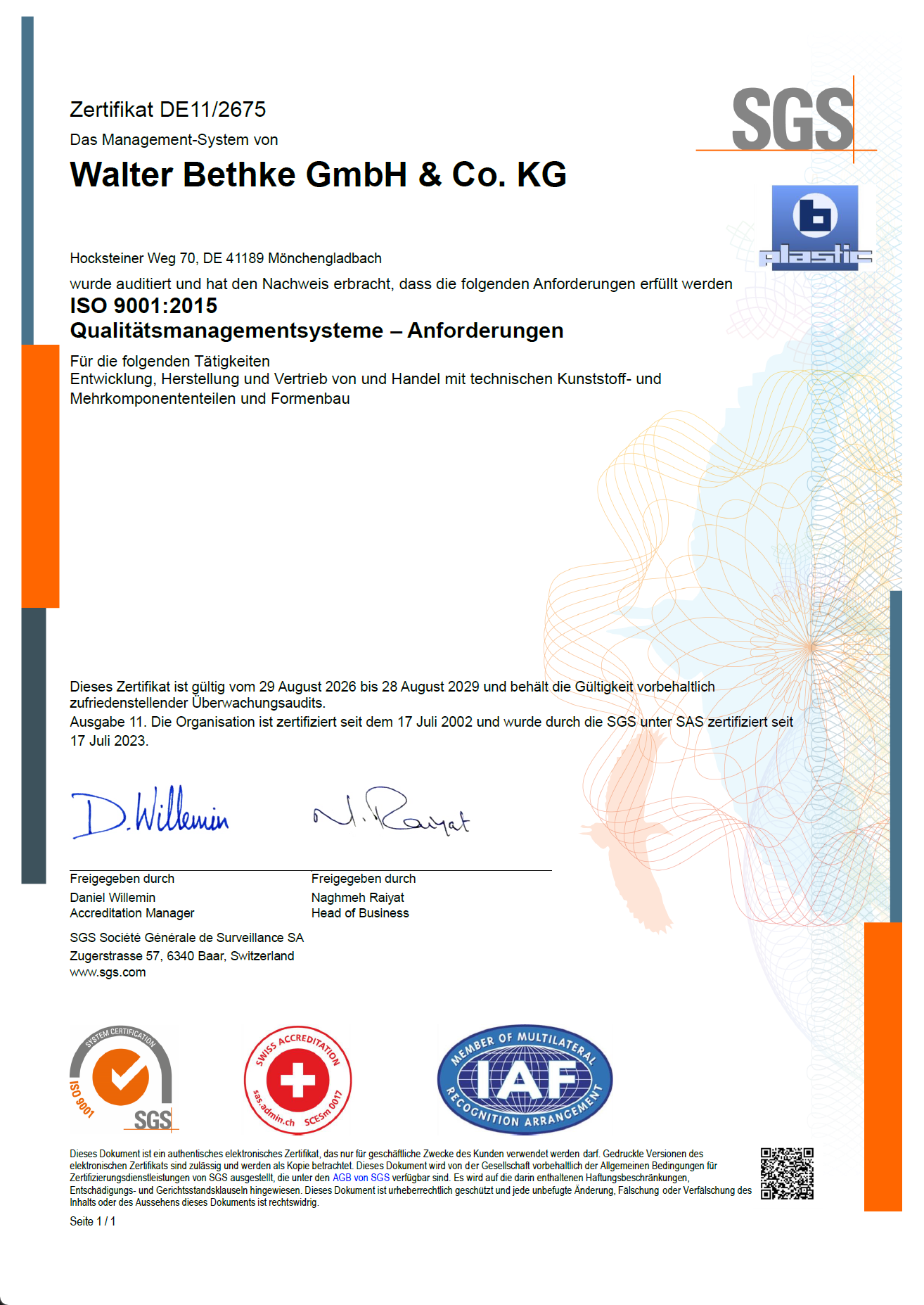 Abbildung des b-plastic-Zertifikats für Anforderungen an das Qualitätsmanagementsystem gemäß ISO 9001:2015