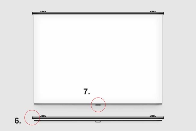 An der Wand montierte Leinwand für Vorlesungen in Innenräumen mit Bogengriff und Abdeckkappen